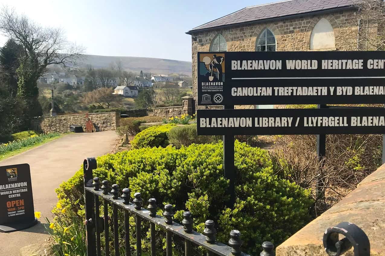 A photo of the outside of the Blaenavon World Heritage Centre, taken from the entrance gates.