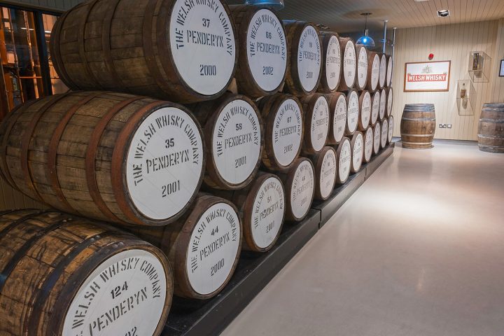 display of whisky barrels at penderyn distillery visitors centre