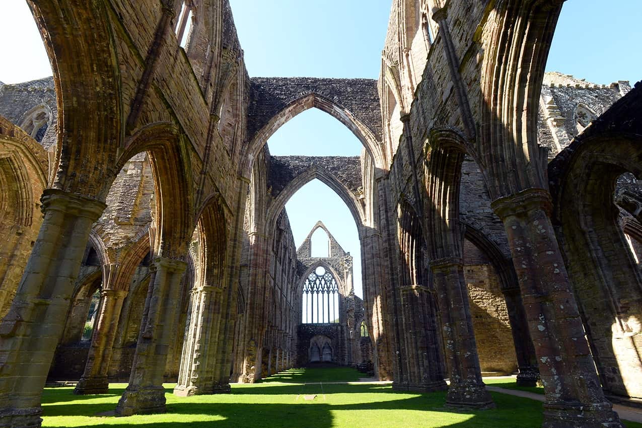 An end-to-end view from inside Tintern Abbey, Monmouthshire. We visit the magnificent Tintern Abbey on our sightseeing tours of Wales.